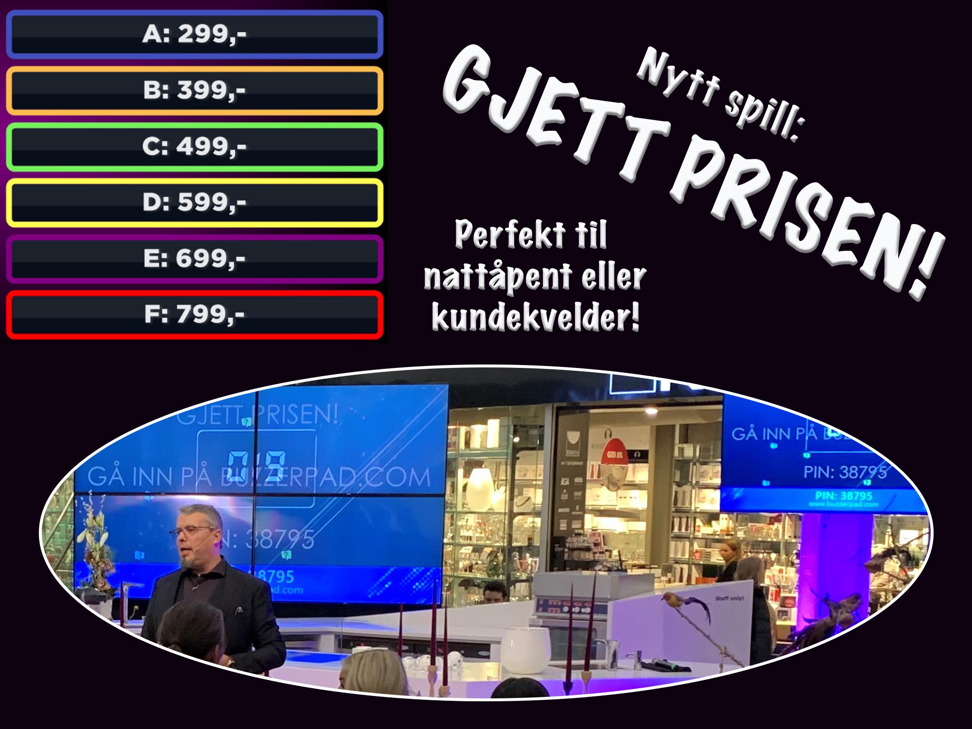 Med Gjett Prisen, involverer vi både publikum og butikker, slik at varer eksponeres og publikum engasjeres. Det hele er et gameshow, der publikum deltar ved å gjette prisen på ulike varer.